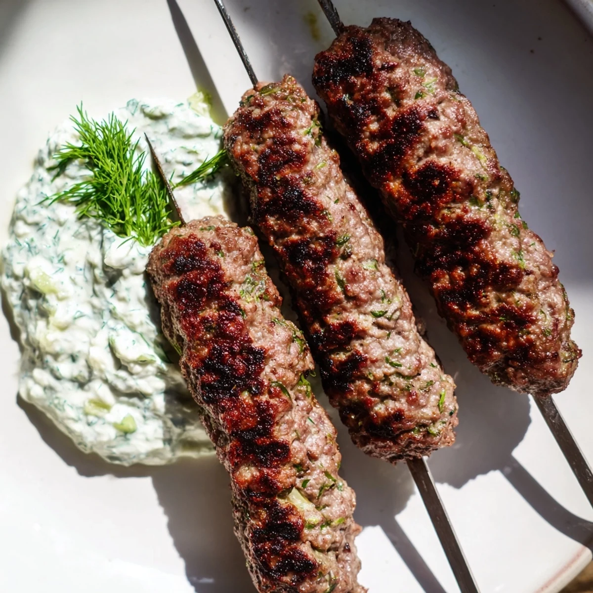 Gluten-free Beef Kofta Kebabs resting on a platter alongside a refreshing dip and colorful vegetables for a family meal.