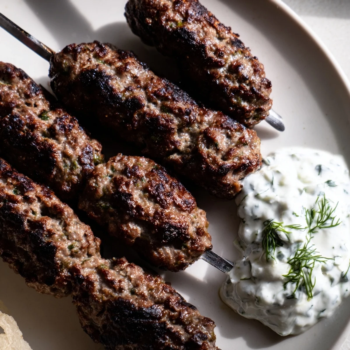 Juicy spiced Beef Kofta Kebabs are grilled to perfection and plated with vibrant salad slices and pita bread.