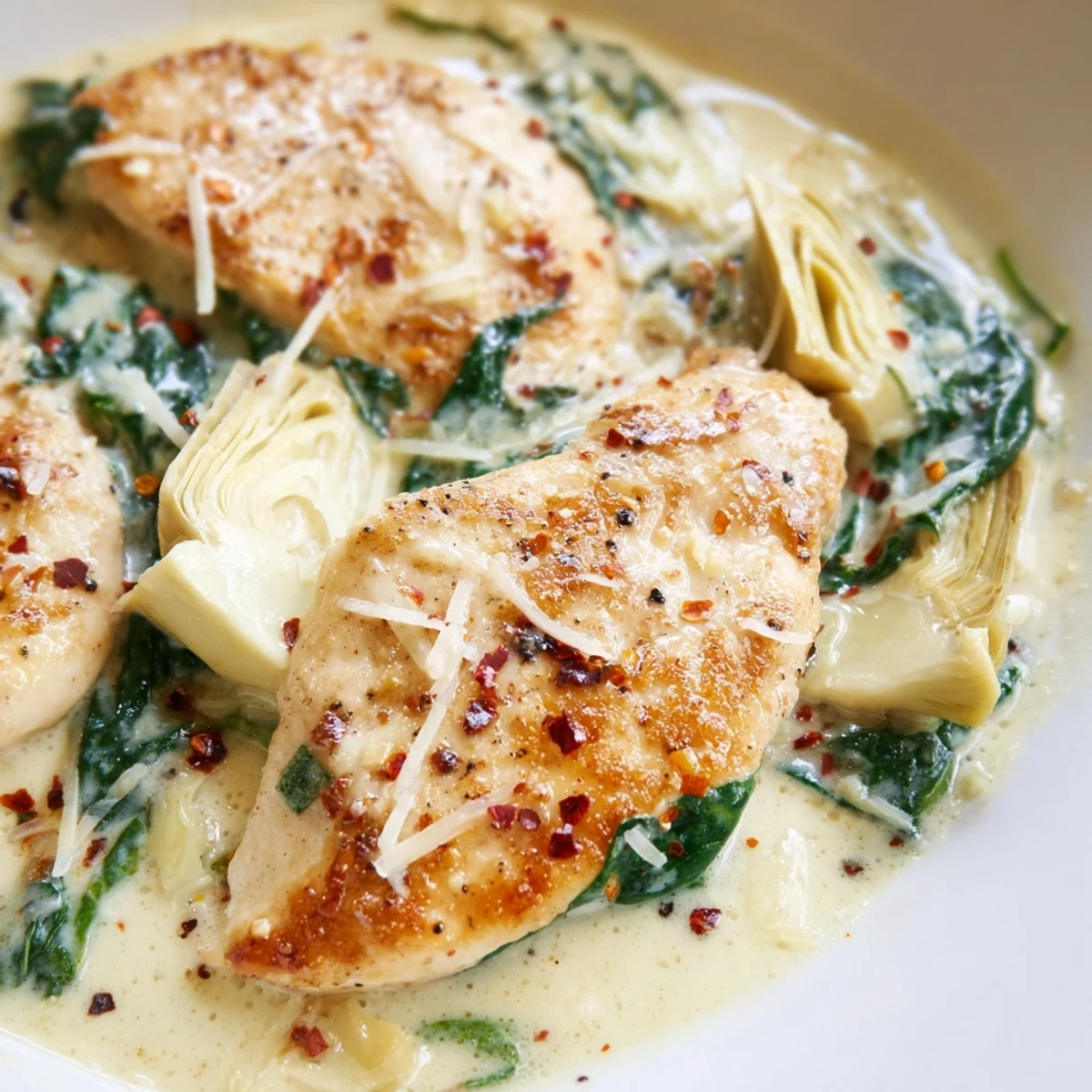 Golden-brown seared chicken breasts simmered in a creamy spinach and artichoke skillet, topped with melted Parmesan cheese and fresh herbs.