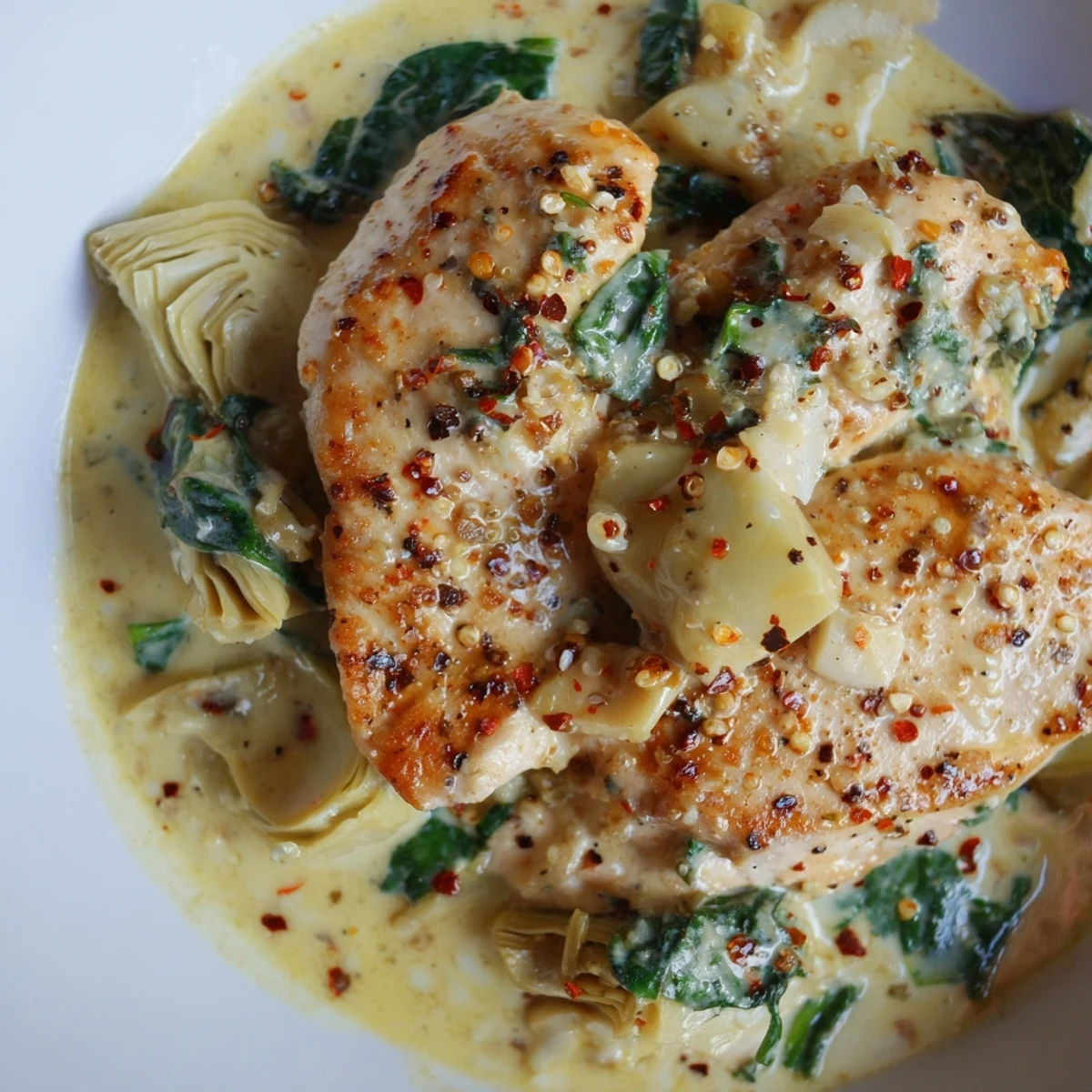 Tender chicken in a rich, garlicky cream sauce with wilted spinach and chopped artichoke hearts, served sizzling in a cast iron skillet.