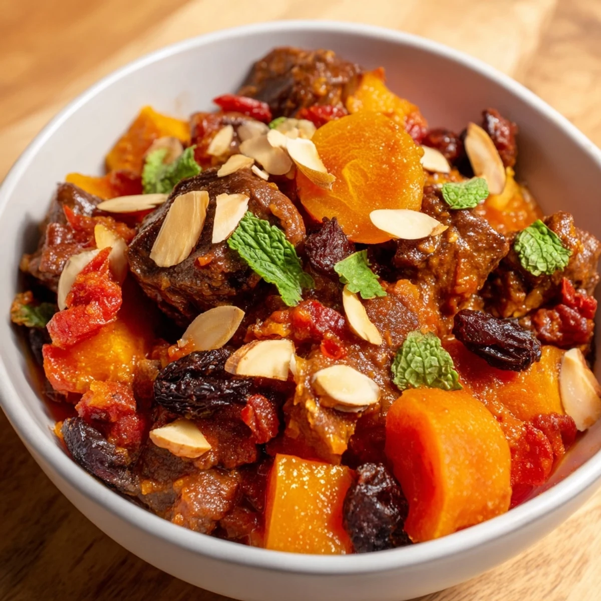 Slow-cooked Moroccan lamb tagine with tender meat and sweet apricots in a rustic pot.