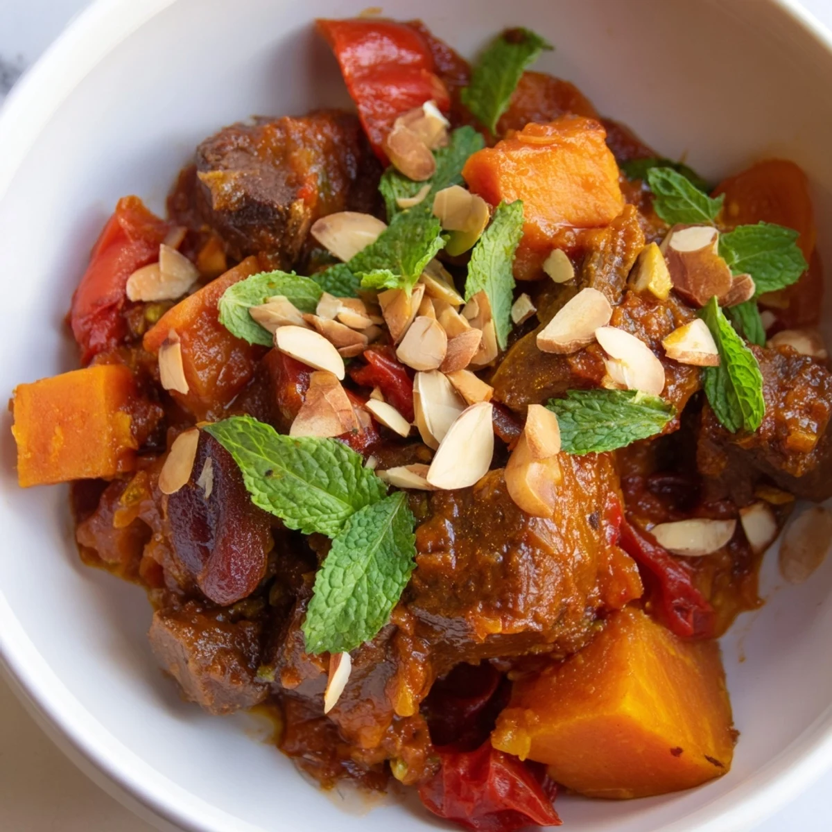 A fragrant Moroccan lamb tagine featuring tender lamb, sweet potatoes, and warm spices.