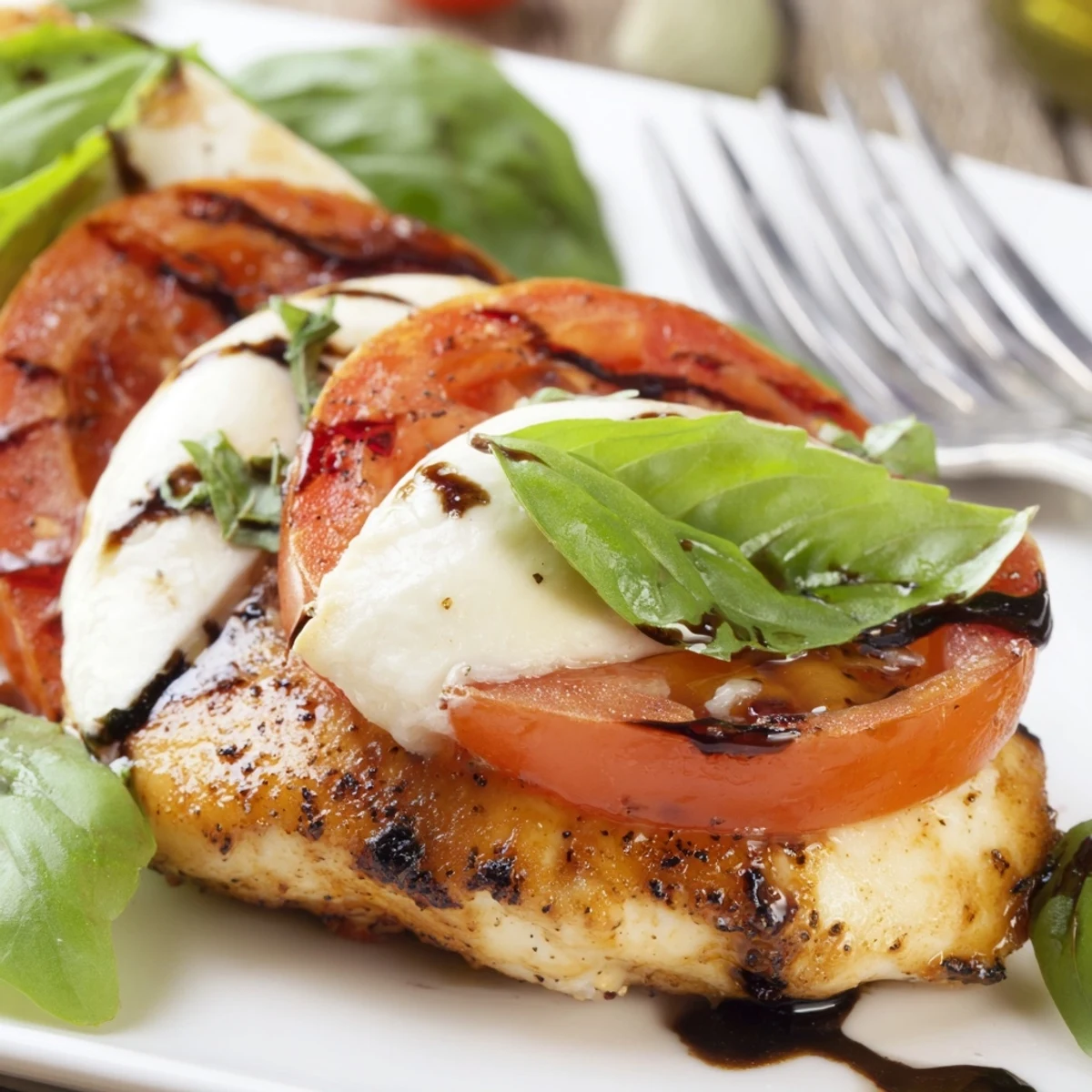 Juicy Caprese Stuffed Chicken Breast cut open to reveal layered tomato and mozzarella, steam rising from the tender meat.