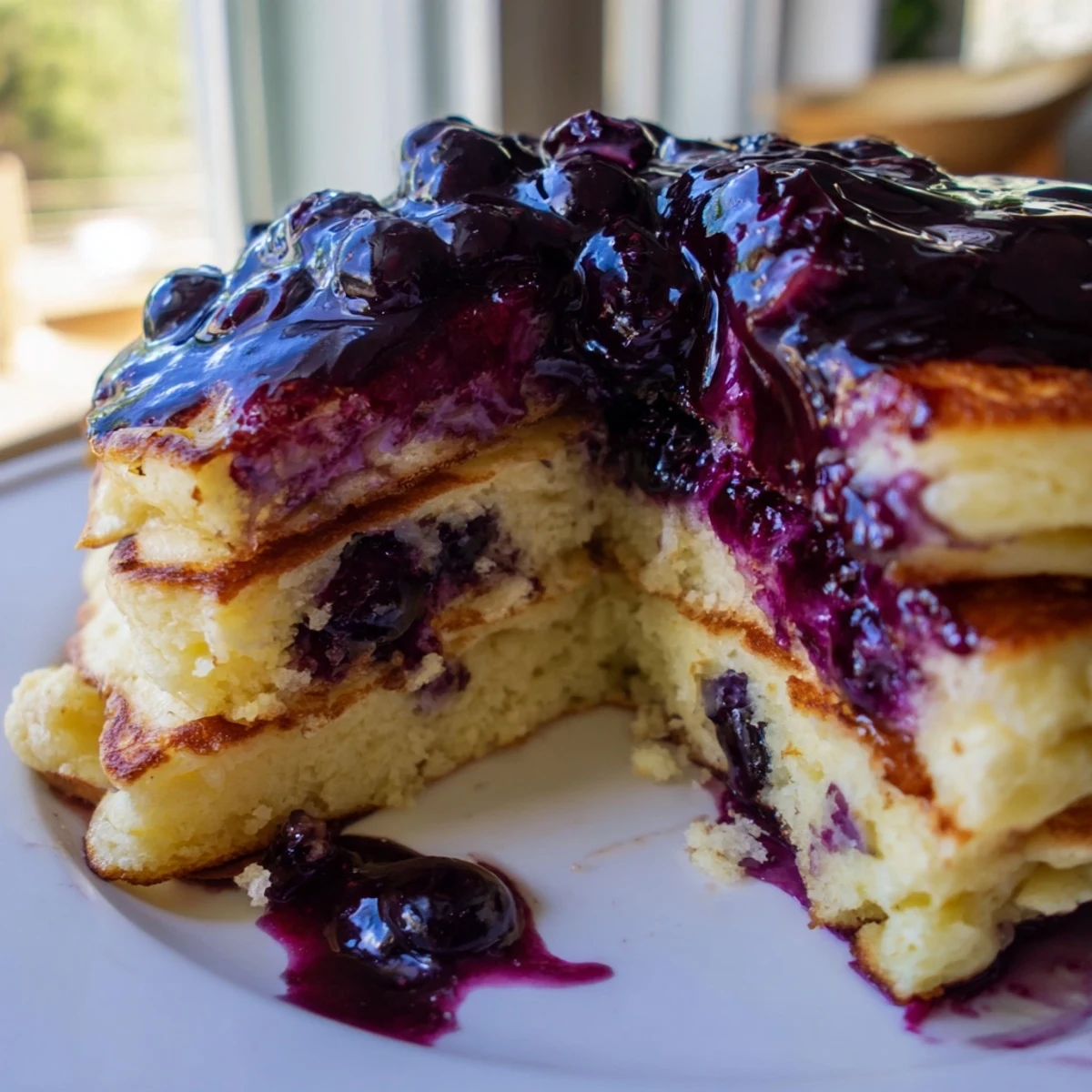 A close-up view of fluffy Lemon Ricotta Pancakes topped with bubbling blueberry syrup and fresh lemon zest.