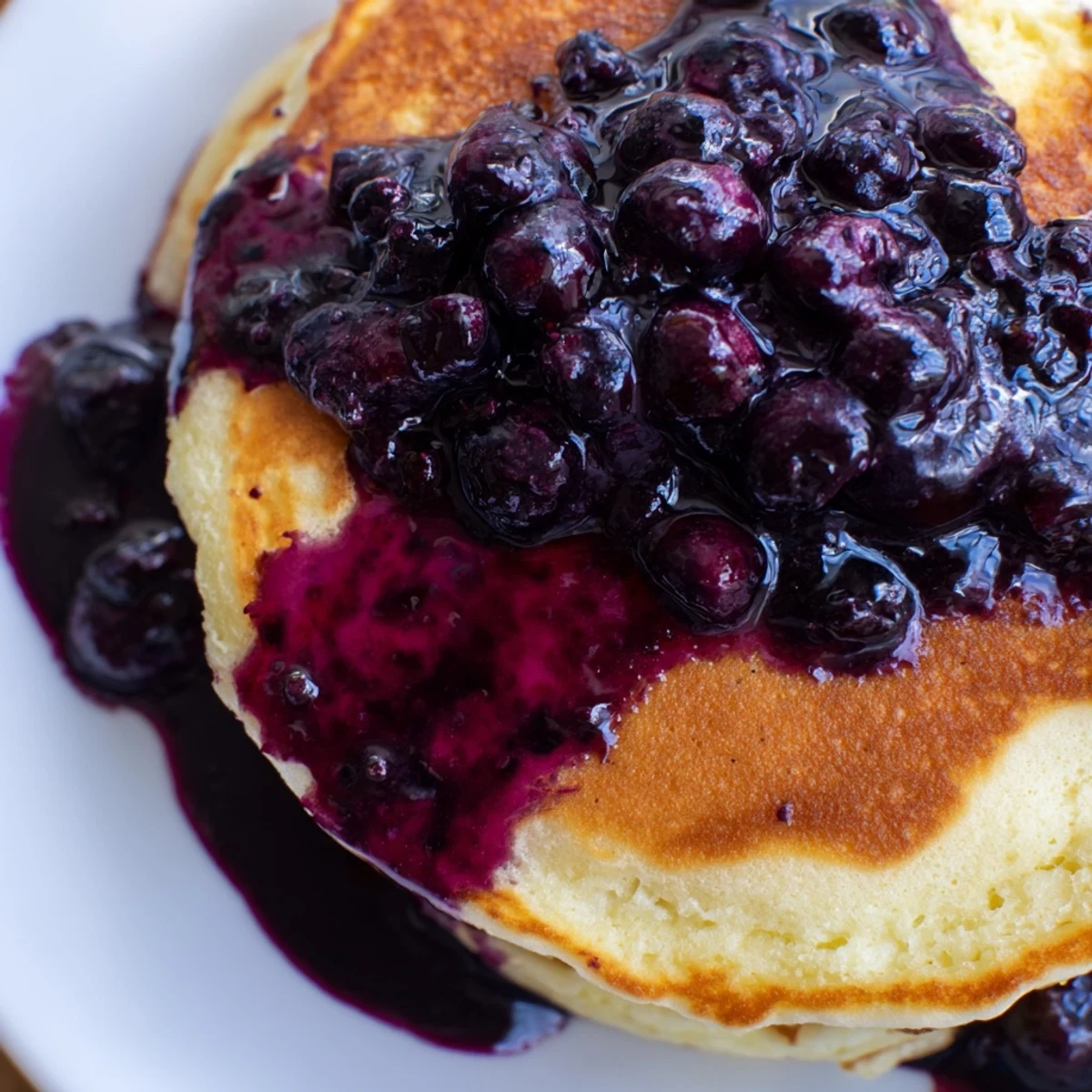 Golden Lemon Ricotta Pancakes topped with blueberry syrup on a rustic plate with a side of syrup.