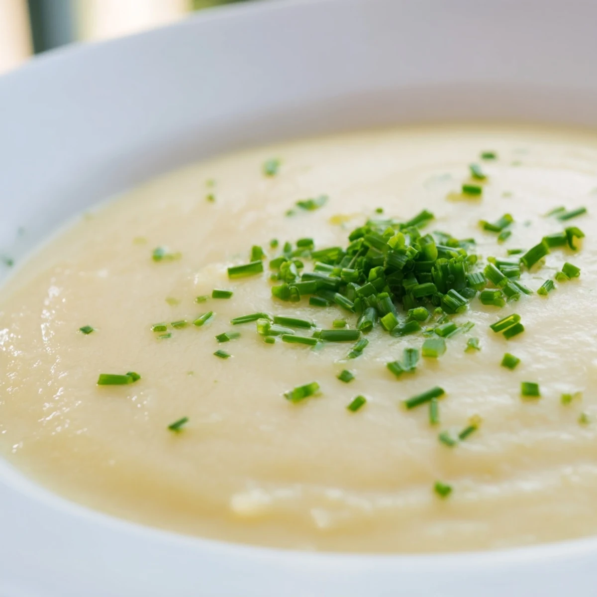 A bowl of creamy Creamy Potato Leek Soup with Chives garnished with fresh chives, served warm with crusty bread.