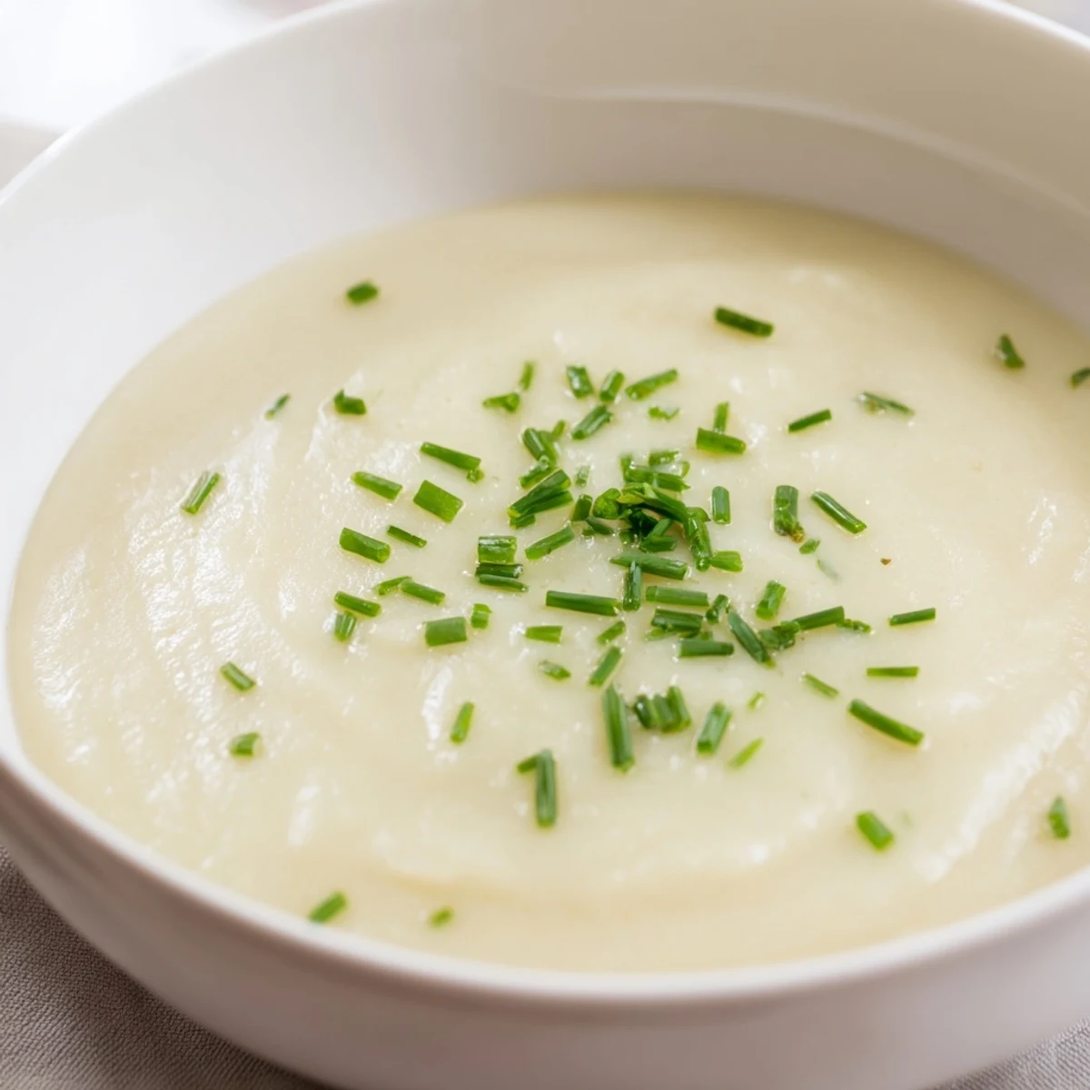 Rich Creamy Potato Leek Soup with Chives in a white ceramic bowl, steam rising and chives sprinkled on top.