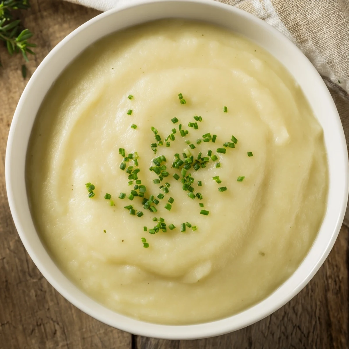 Close-up of velvety Creamy Potato Leek Soup with Chives in a rustic bowl, highlighting the smooth, comforting texture.