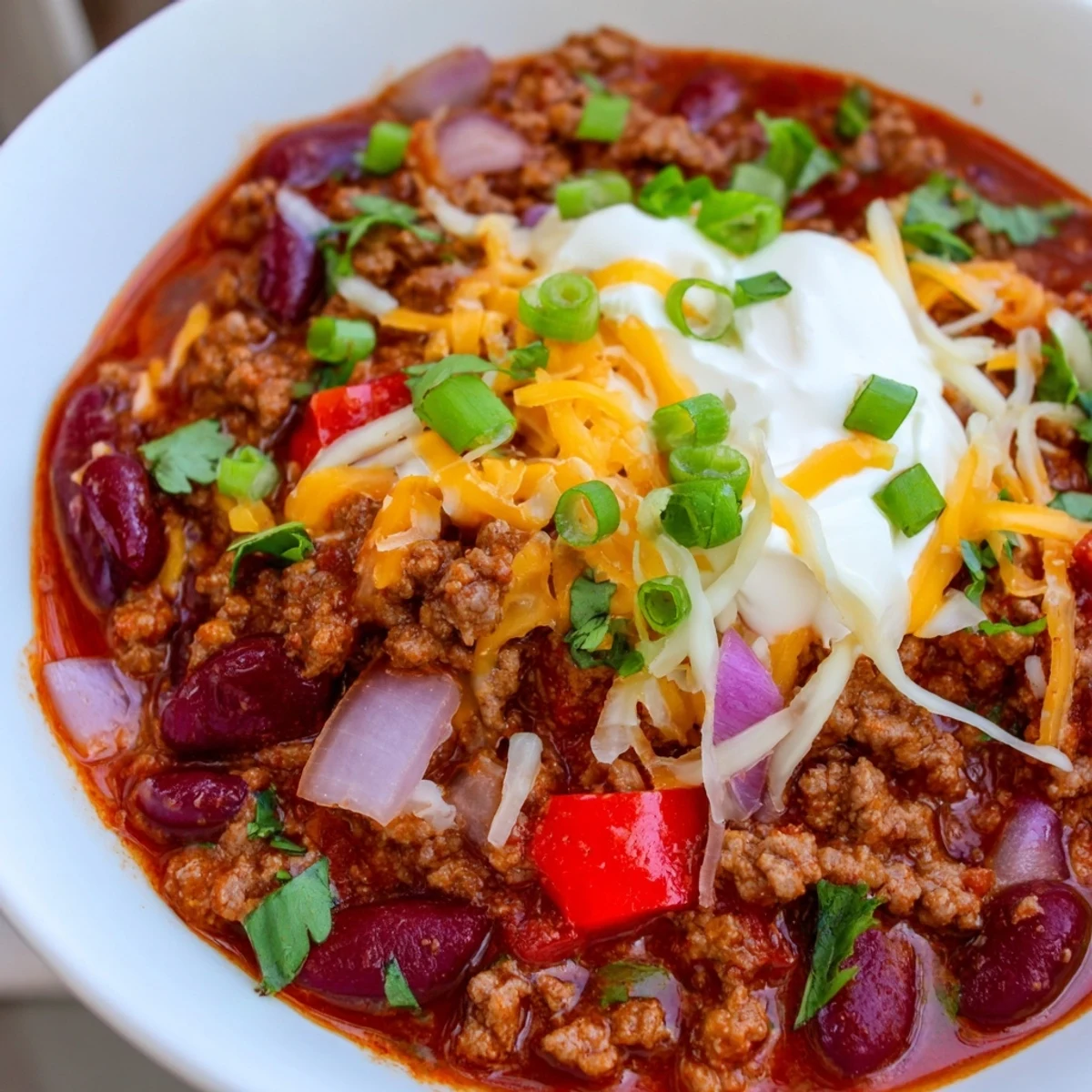 Steamy bowl of Spicy Beef and Kidney Bean Chili topped with sour cream and cilantro.