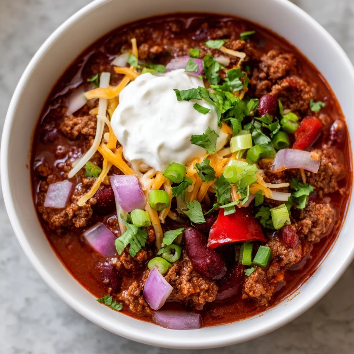 Serving of Spicy Beef and Kidney Bean Chili with cheddar cheese and green onions on a rustic table.