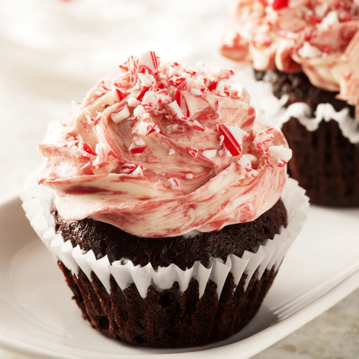 Festive Chocolate Peppermint Swirl Cupcakes topped with creamy frosting and crushed candy canes on a holiday dessert table.