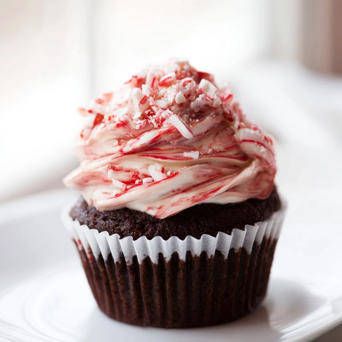 A close-up of moist chocolate cupcakes featuring a rich peppermint swirl frosting and vibrant red candy decorations.