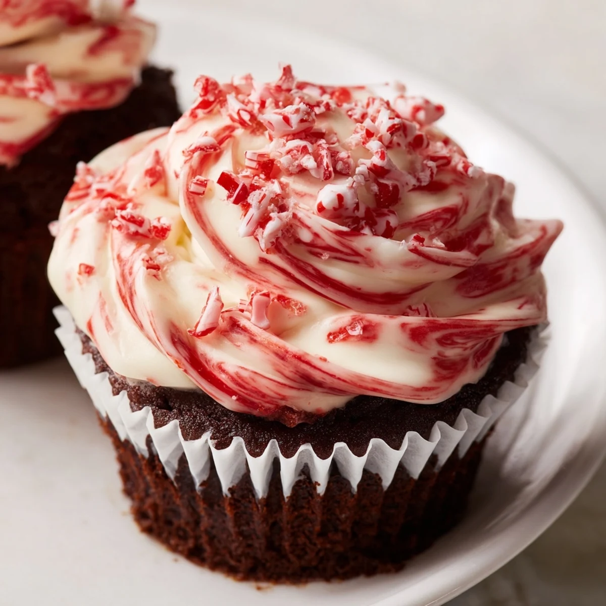 Chocolate Peppermint Swirl Cupcakes with piped frosting and sprinkles, ready to serve with hot chocolate or coffee.