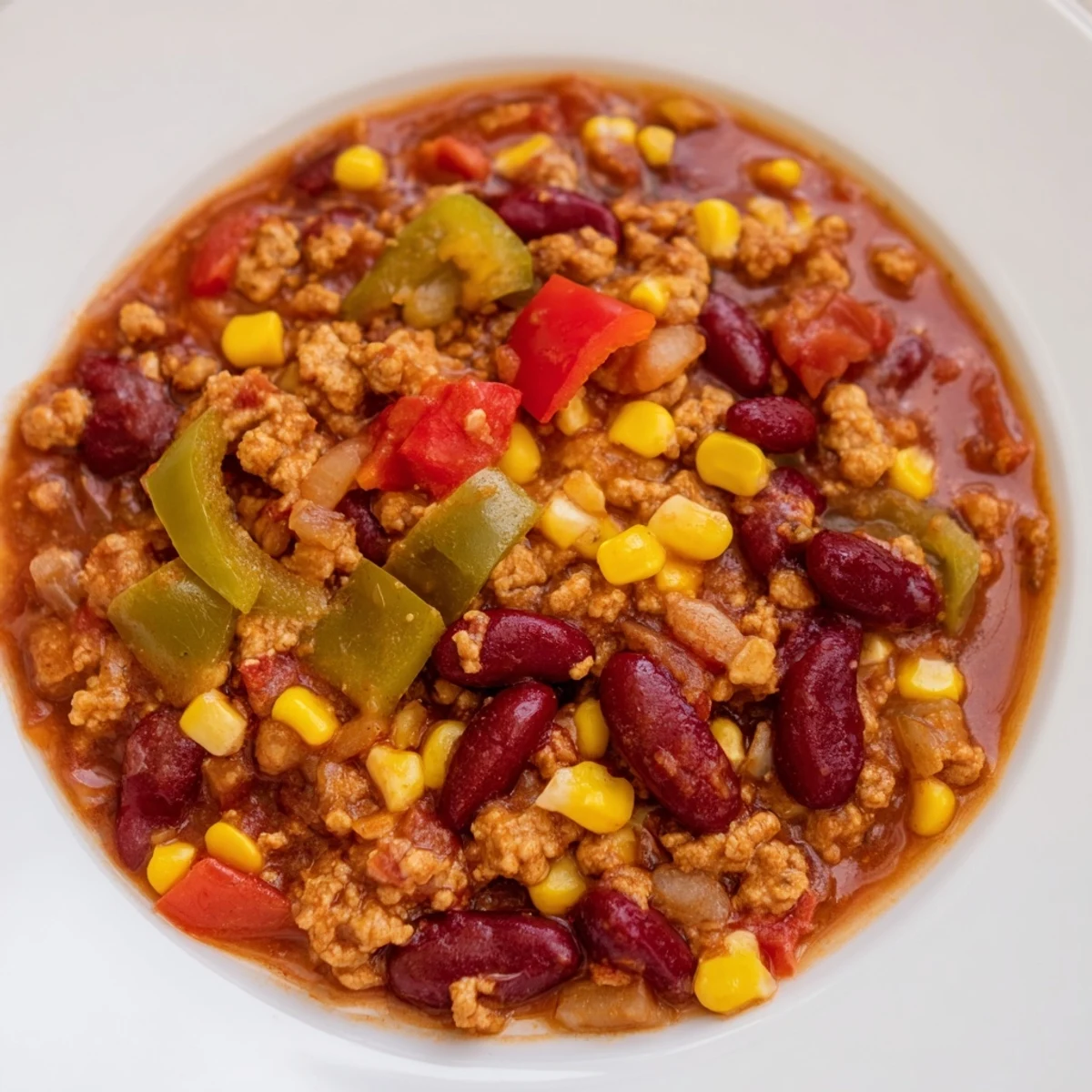 Hearty bowl of Turkey Chili with Kidney Beans, Corn, and Peppers, topped with cilantro and melted cheese.