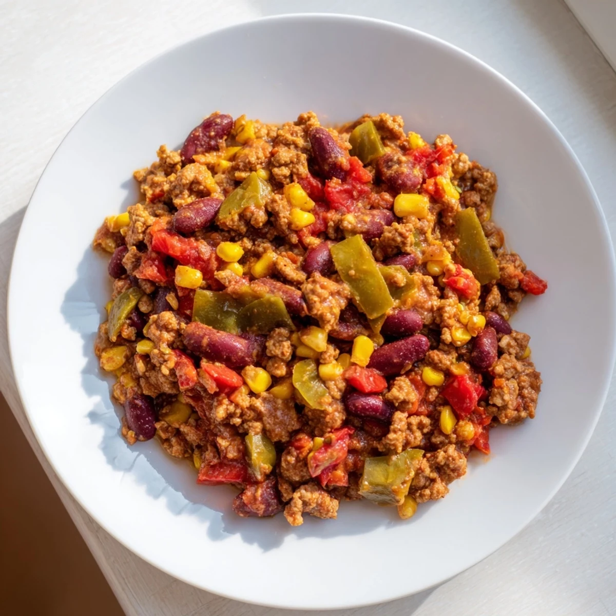 Spicy Turkey Chili with Kidney Beans, Corn, and Peppers steaming in a rustic pot with cornbread on the side.