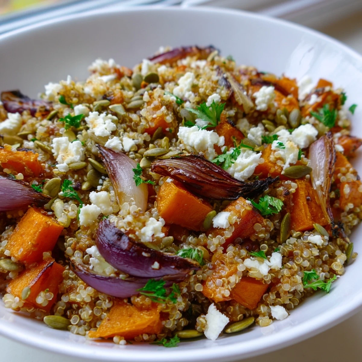 Steaming Warm Quinoa Salad with Roasted Root Vegetables and Feta on a rustic wooden table, garnished with fresh parsley and toasted pumpkin seeds for texture.