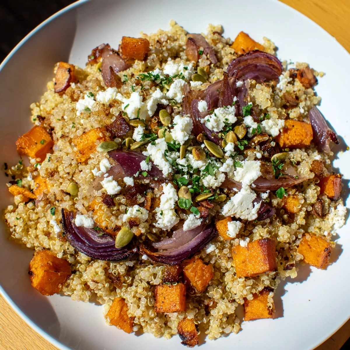 Vibrant Warm Quinoa Salad with Roasted Root Vegetables and Feta piled high in a white bowl, featuring golden caramelized carrots and parsnips with crumbled cheese.