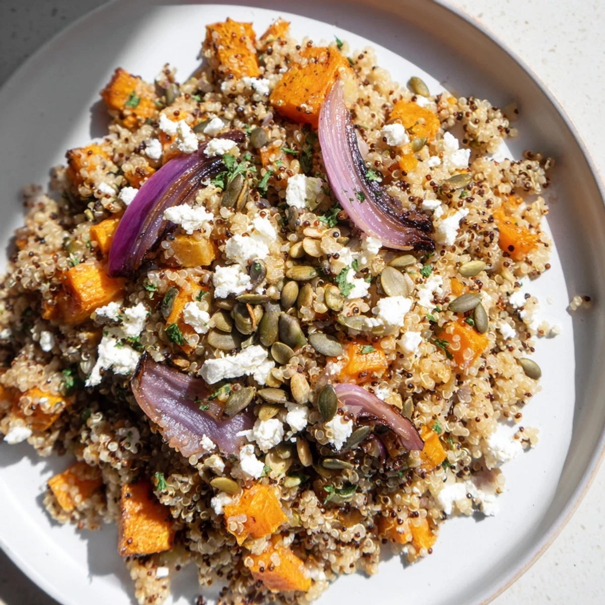 Healthy Warm Quinoa Salad with Roasted Root Vegetables and Feta served as a hearty vegetarian main, flecked with bright herbs and drizzled with lemon dressing.