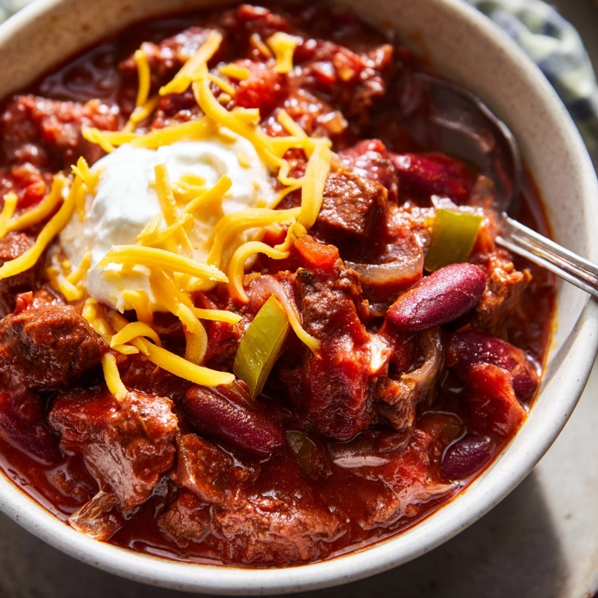 Steaming Slow Cooker Beef Chili with Kidney Beans and Tomato is served in a bowl, garnished with cheese and cilantro.