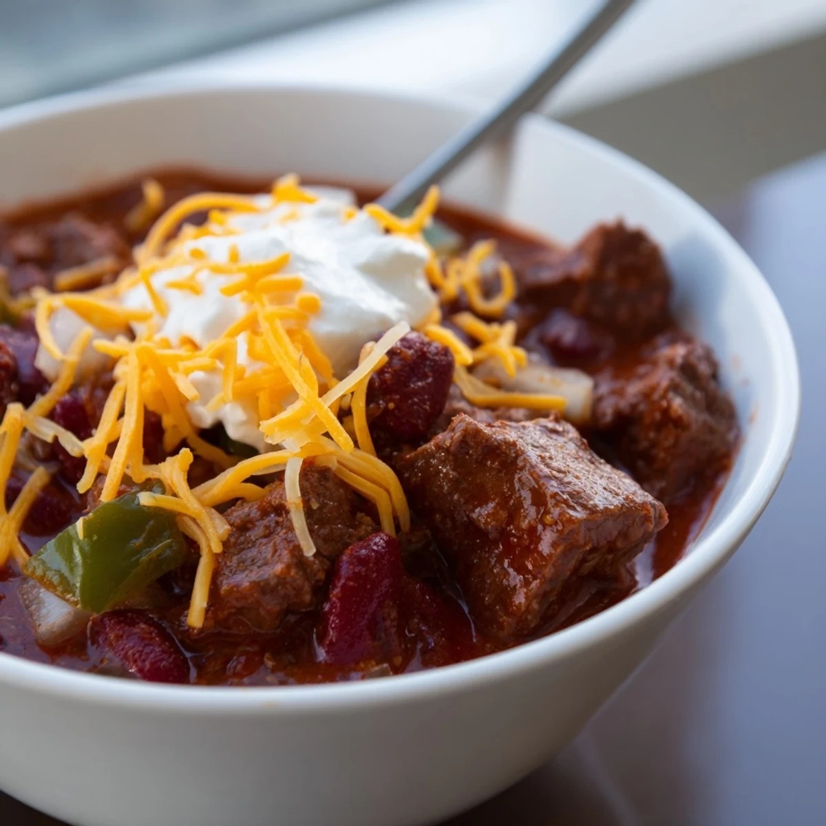 A spoon lifts a hearty serving of Slow Cooker Beef Chili with Kidney Beans and Tomato, revealing tender beef and beans.