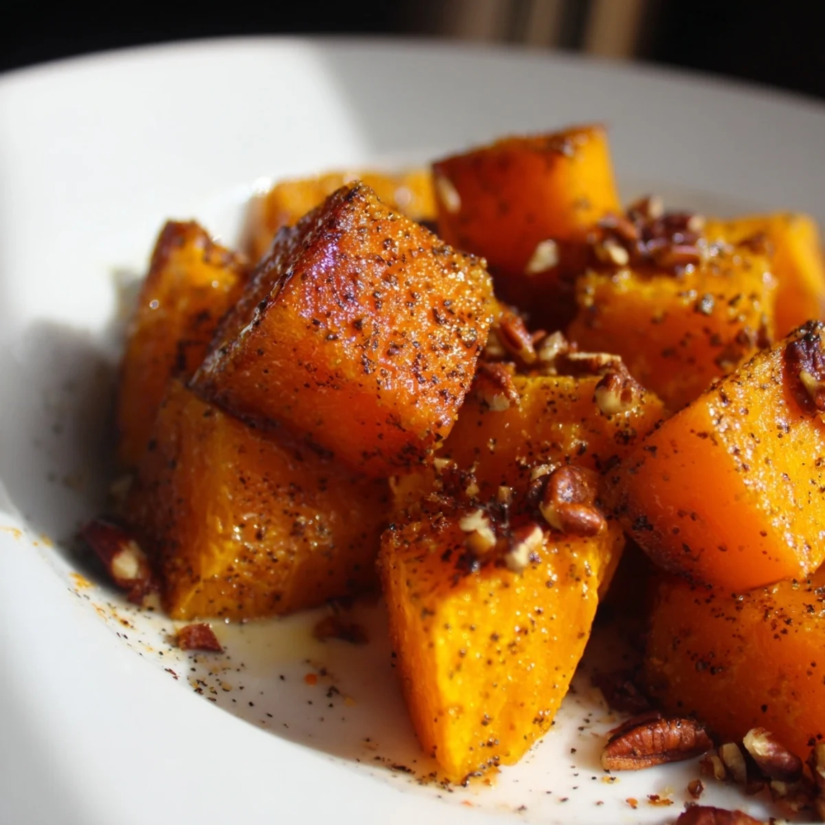 Tender maple and cinnamon roasted butternut squash served warm as a cozy Thanksgiving side dish.