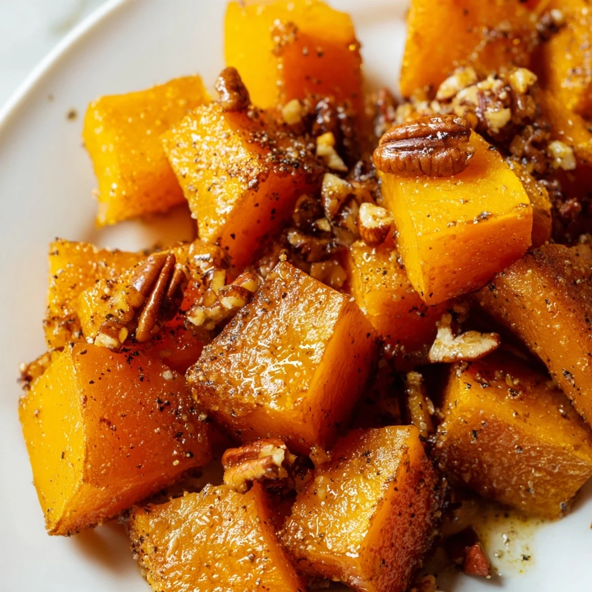 Golden roasted butternut squash cubes with maple and cinnamon glisten on a plate, garnished with fresh parsley.