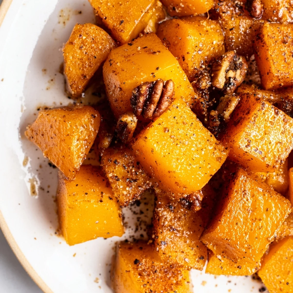 Caramelized butternut squash with maple and cinnamon, garnished with pecans on a rustic wooden table.