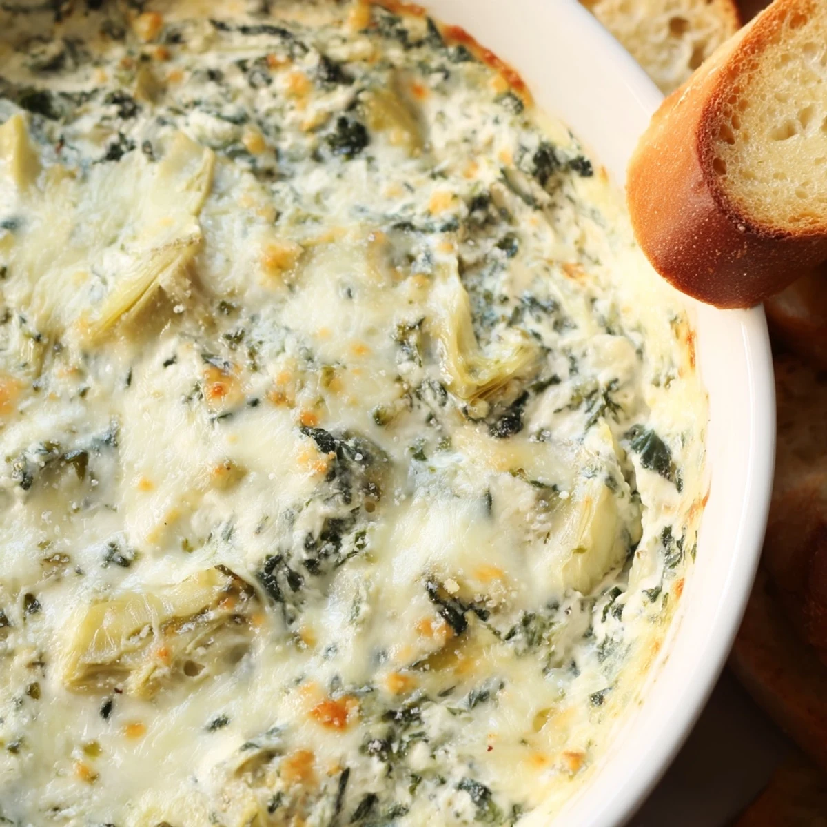 Creamy Spinach and Artichoke Dip with baguette is served warm and bubbly, featuring a golden cheese crust alongside crispy toasted bread slices.