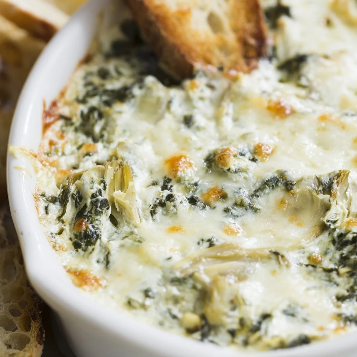 Freshly baked Creamy Spinach and Artichoke Dip appears rich and cheesy, steam rising from the bowl paired with crunchy baguette slices.