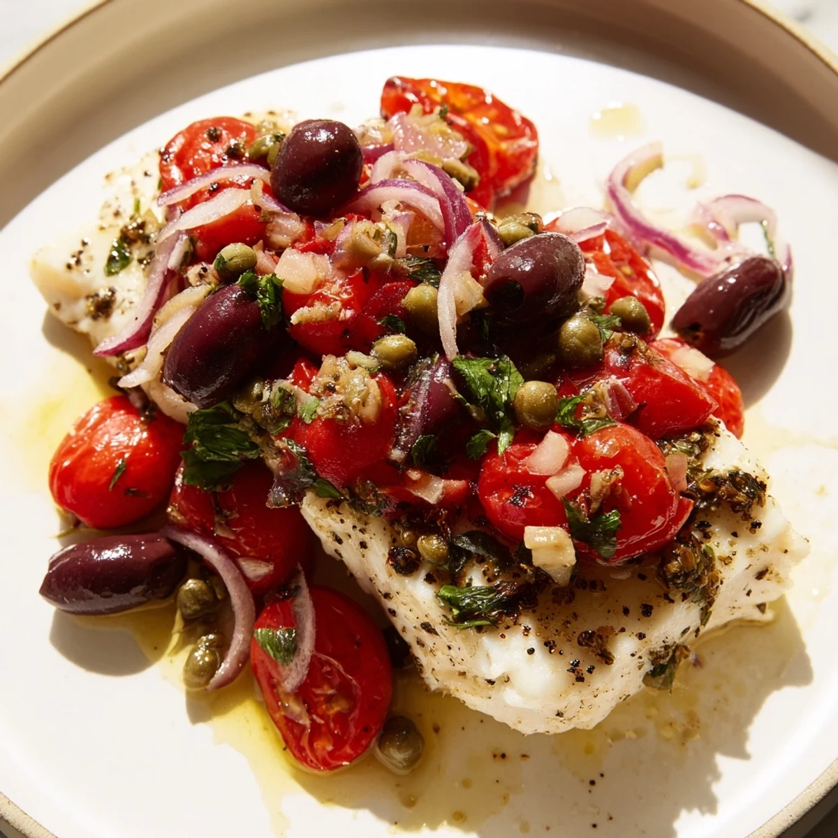Golden-brown Baked Cod with Tomato and Kalamata Olive Salsa flaked easily, topped with a vibrant mix of red tomatoes, dark olives, and chopped herbs.