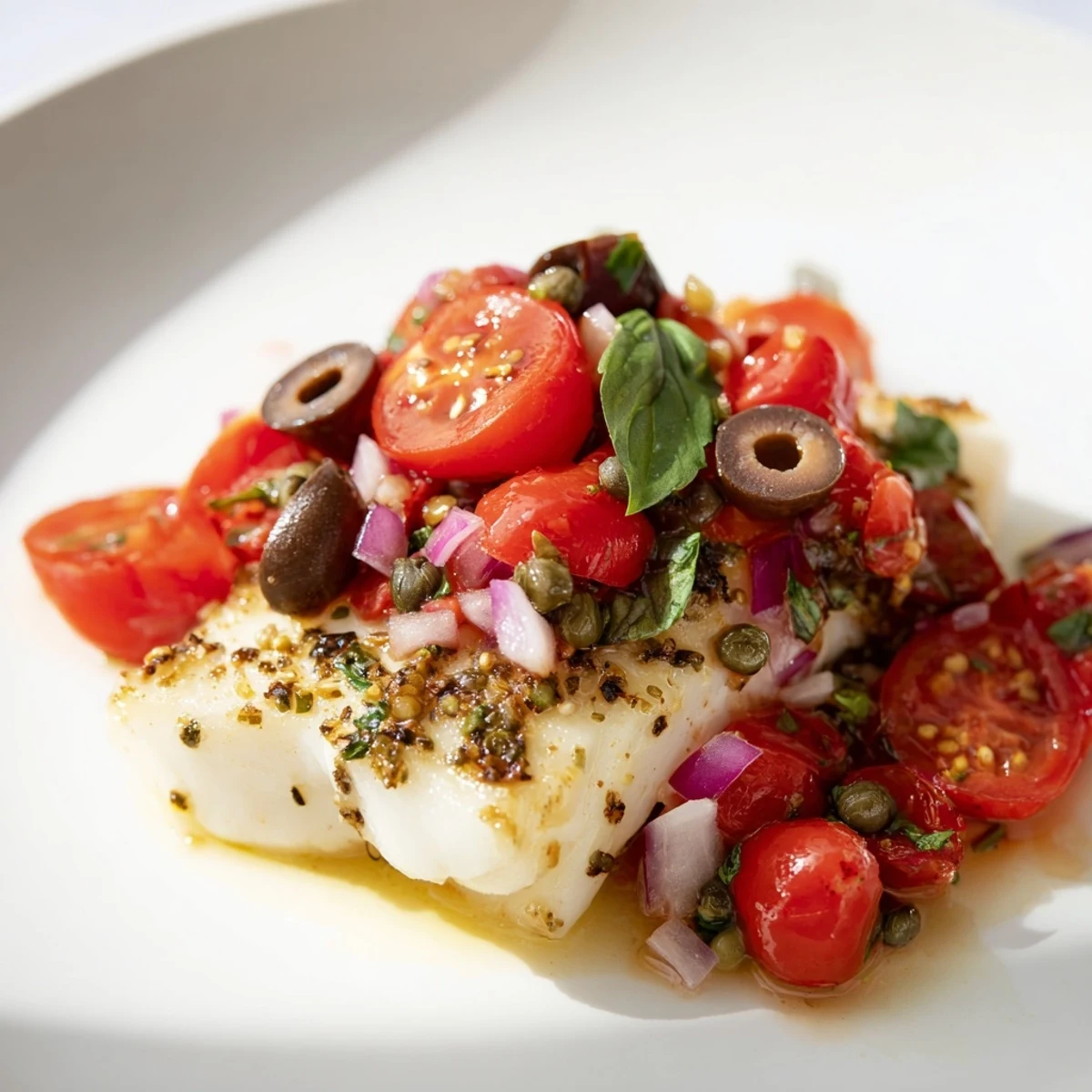 Freshly prepared Baked Cod with Tomato and Kalamata Olive Salsa served on a white plate with lemon wedges, ideal for a healthy Mediterranean meal.