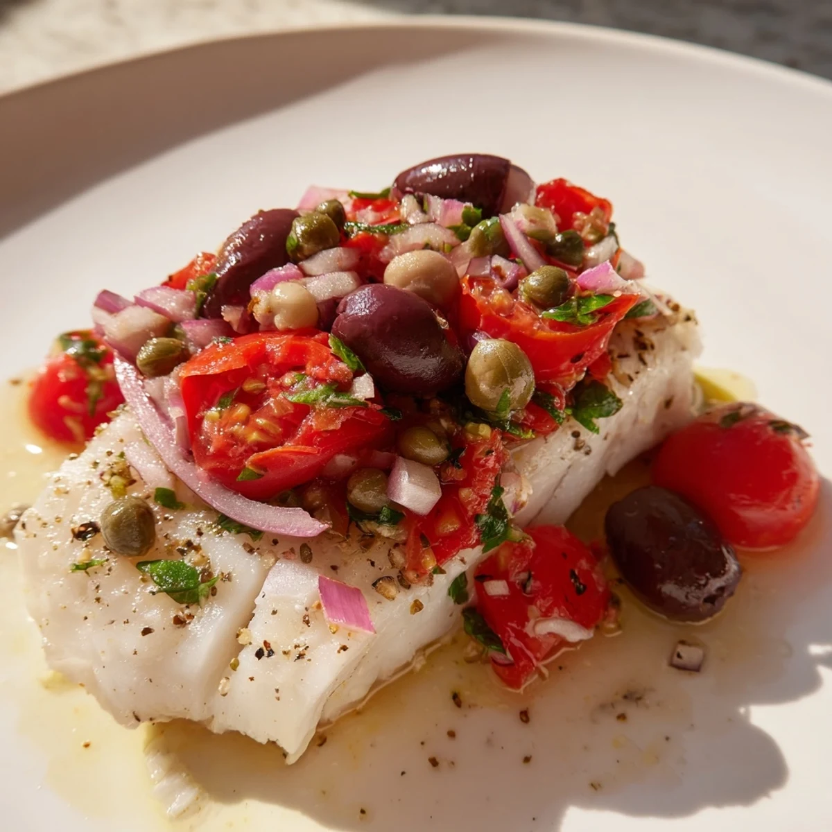Oven-roasted Baked Cod with Tomato and Kalamata Olive Salsa plated with fresh basil and parsley, steaming and ready to be eaten with a fork.