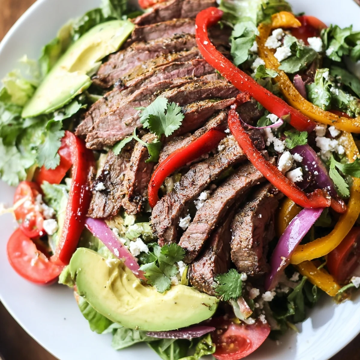 A fork lifts tender beef and crisp lettuce from a colorful platter of Beef Fajita Salad, showcasing a gluten-free Tex-Mex dinner for four.