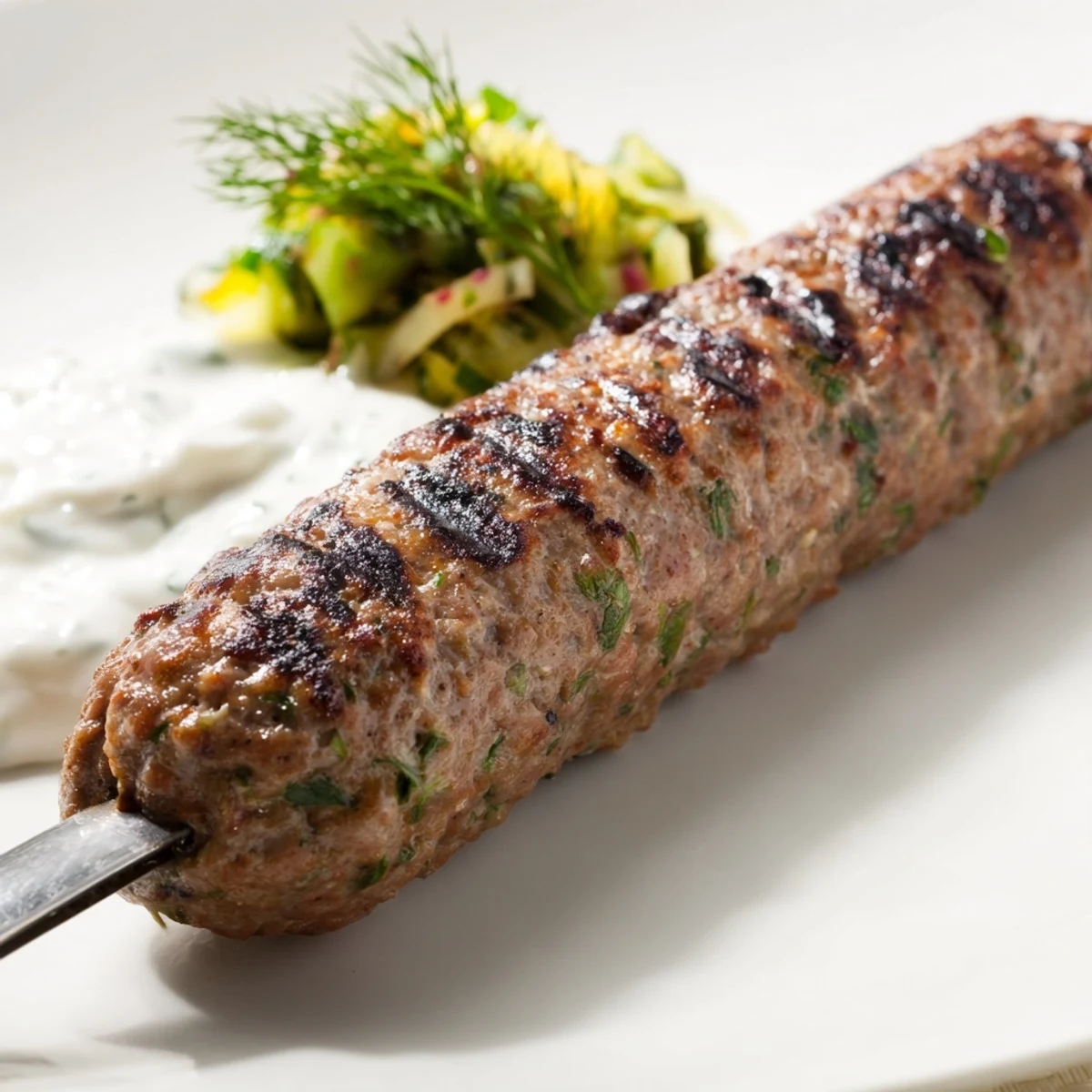 Juicy, spiced Beef Kofta Kebabs with Cucumber Mint Yogurt Sauce are grilled and served hot with fresh lemon wedges.