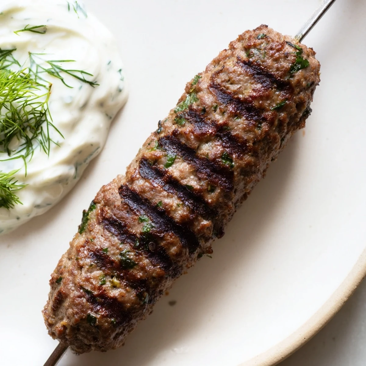 Four skewers of Beef Kofta Kebabs with Cucumber Mint Yogurt Sauce on a platter with pita and herbs.