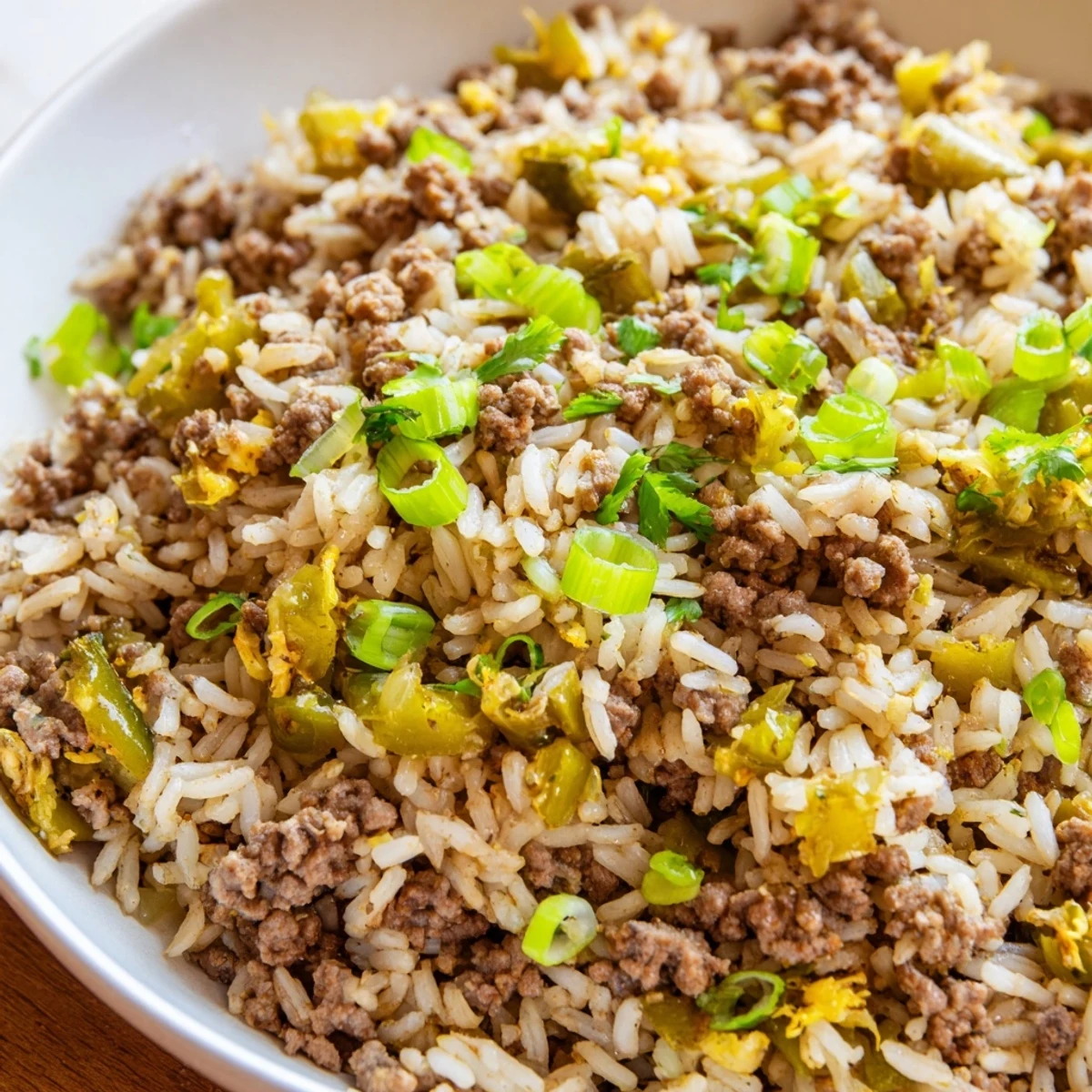 A close-up of Mardi Gras Dirty Rice with ground beef, flecked with green onions and peppers in a rustic skillet.  