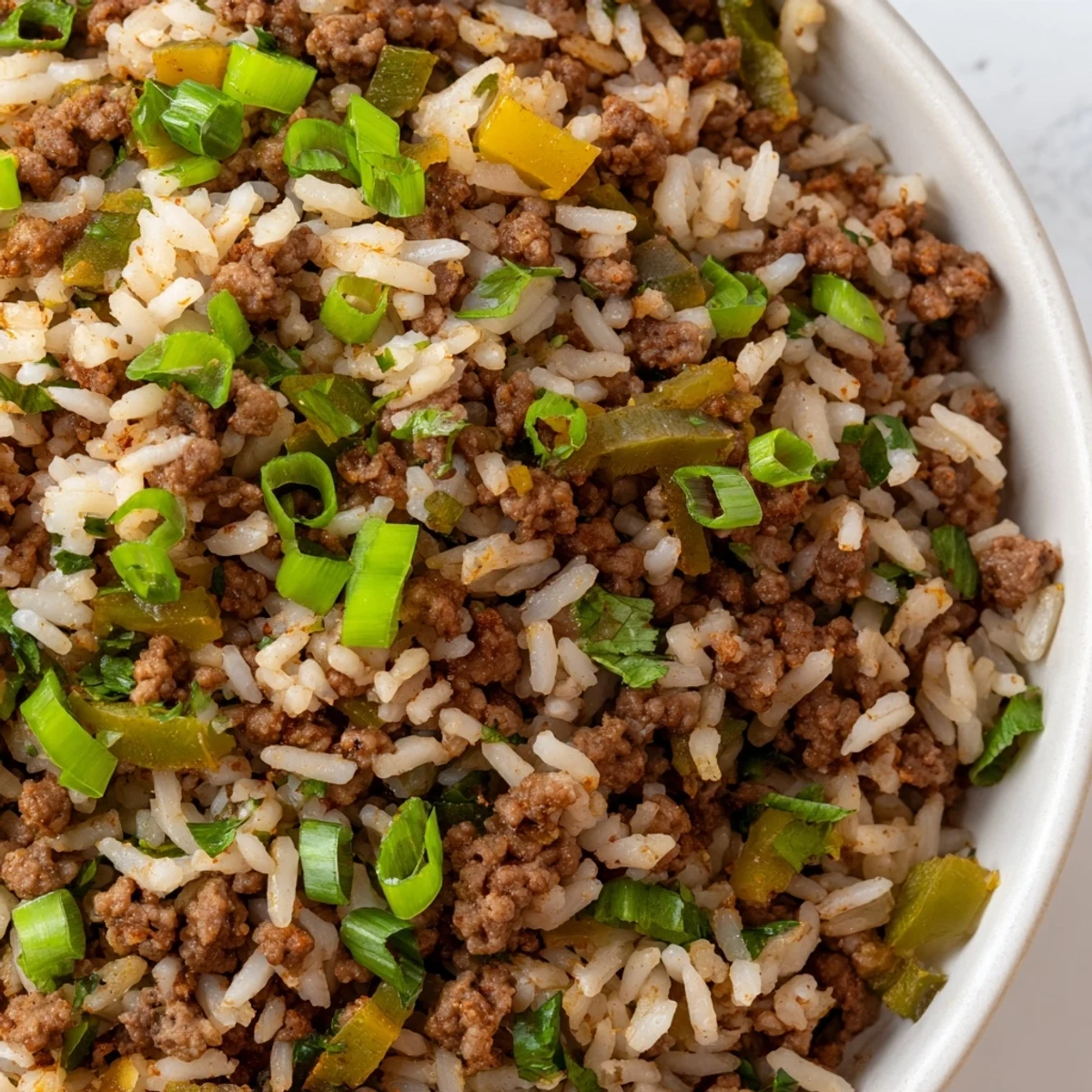 A hearty serving of Mardi Gras Dirty Rice with ground beef alongside fresh parsley and a lemon wedge.  