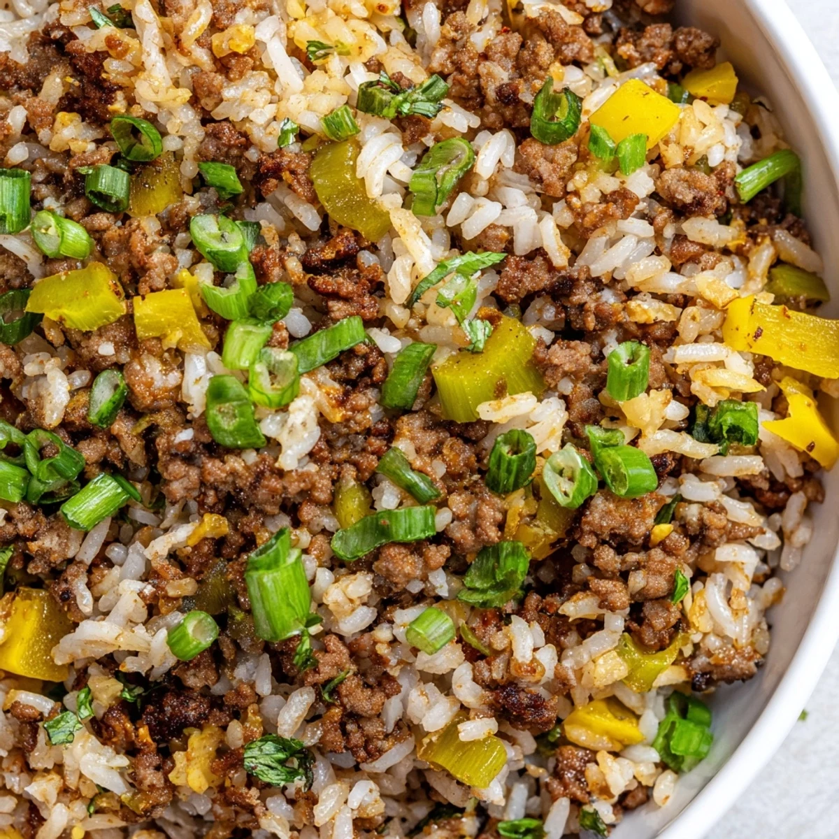 A vibrant skillet of Mardi Gras Dirty Rice with ground beef, featuring diced bell peppers and aromatic Cajun spices.
