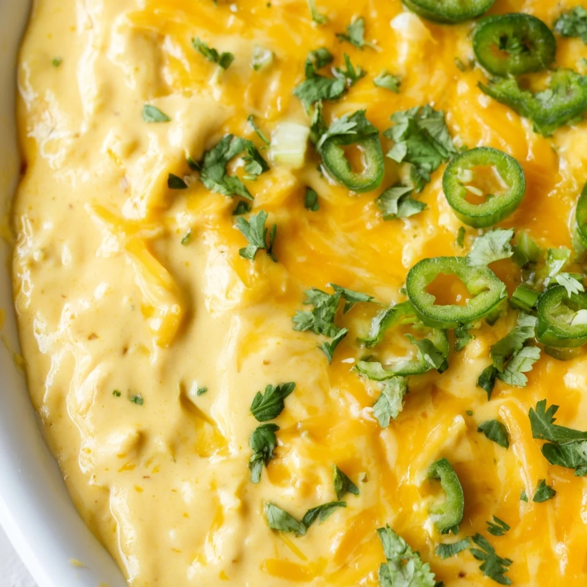 A warm, creamy bowl of Quarterback Queso Dip with Jalapenos, topped with fresh cilantro and sliced jalapeño rings, served with tortilla chips.  