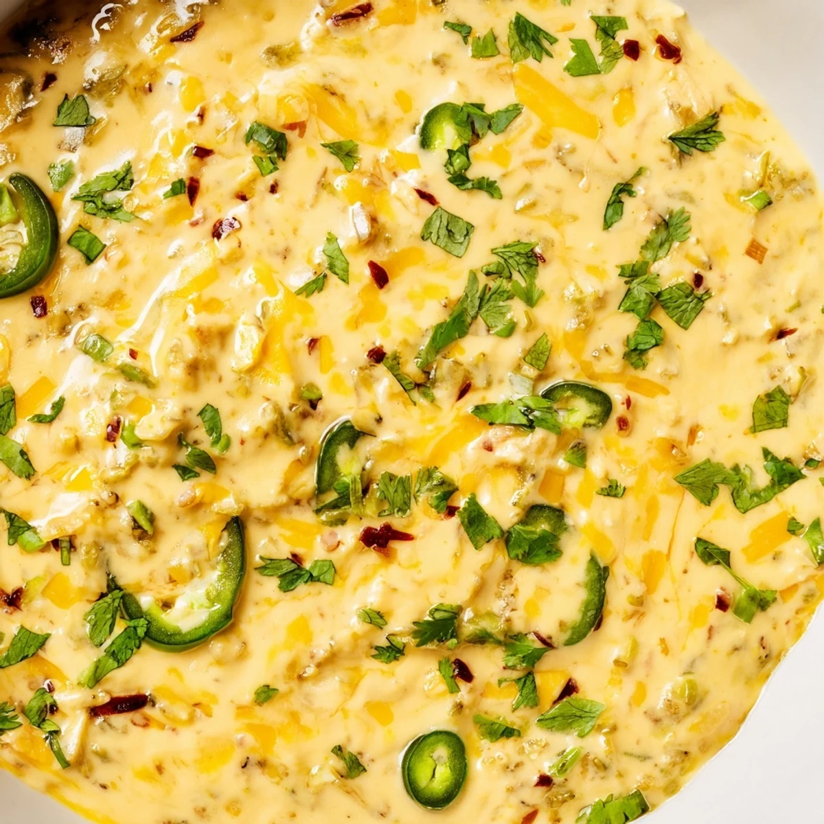 A top-down view of Quarterback Queso Dip with Jalapenos, its cheesy surface studded with fresh jalapeños and garnished with cilantro.