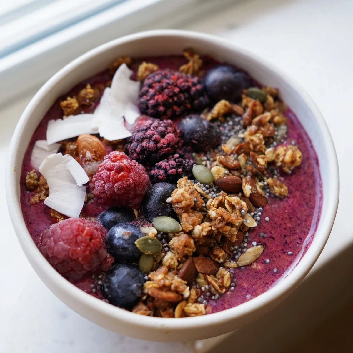 Thick purple smoothie base with granola, chia seeds, and coconut flakes in a breakfast bowl.