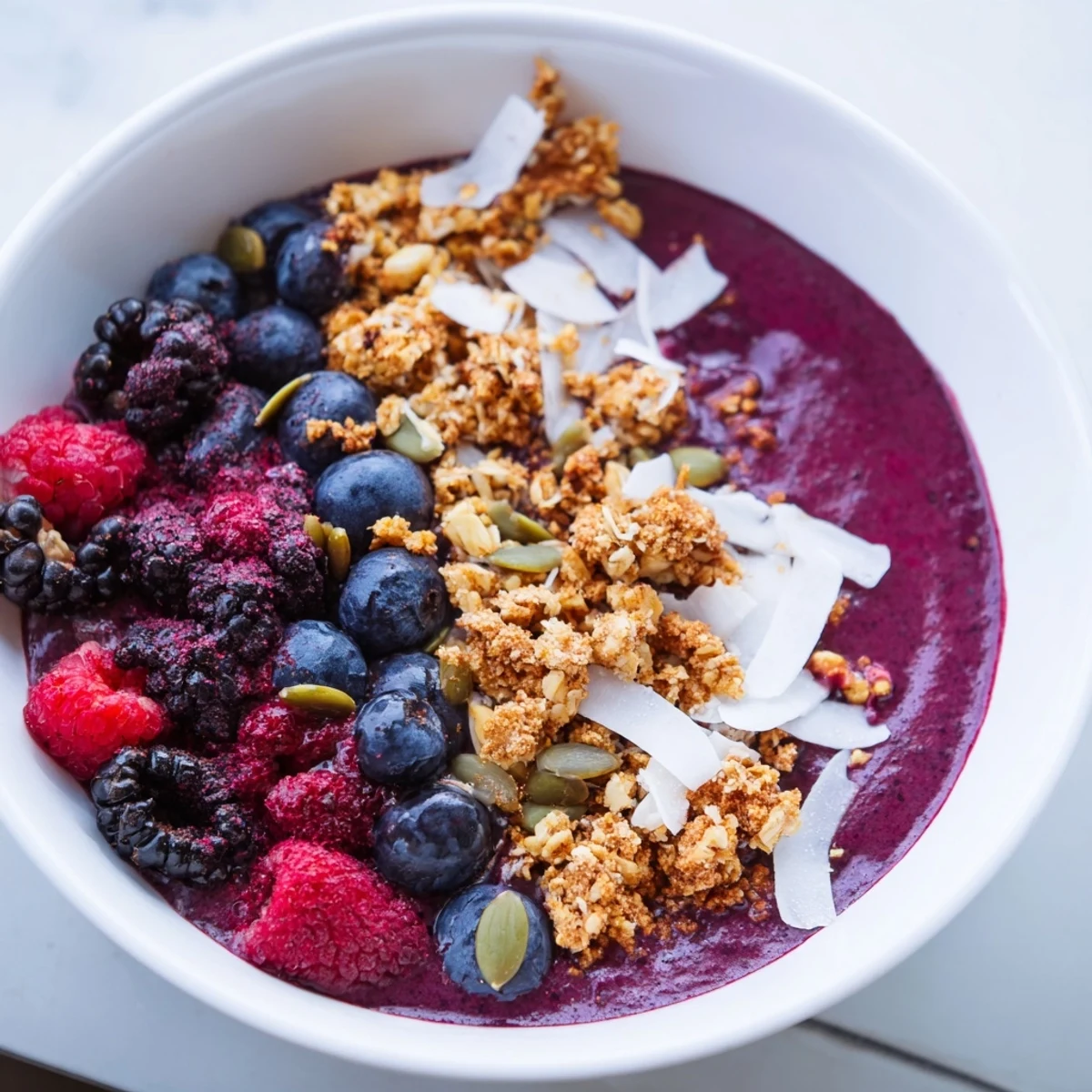 A vibrant purple Winter Berry Smoothie Bowl topped with crunchy granola and chia seeds.