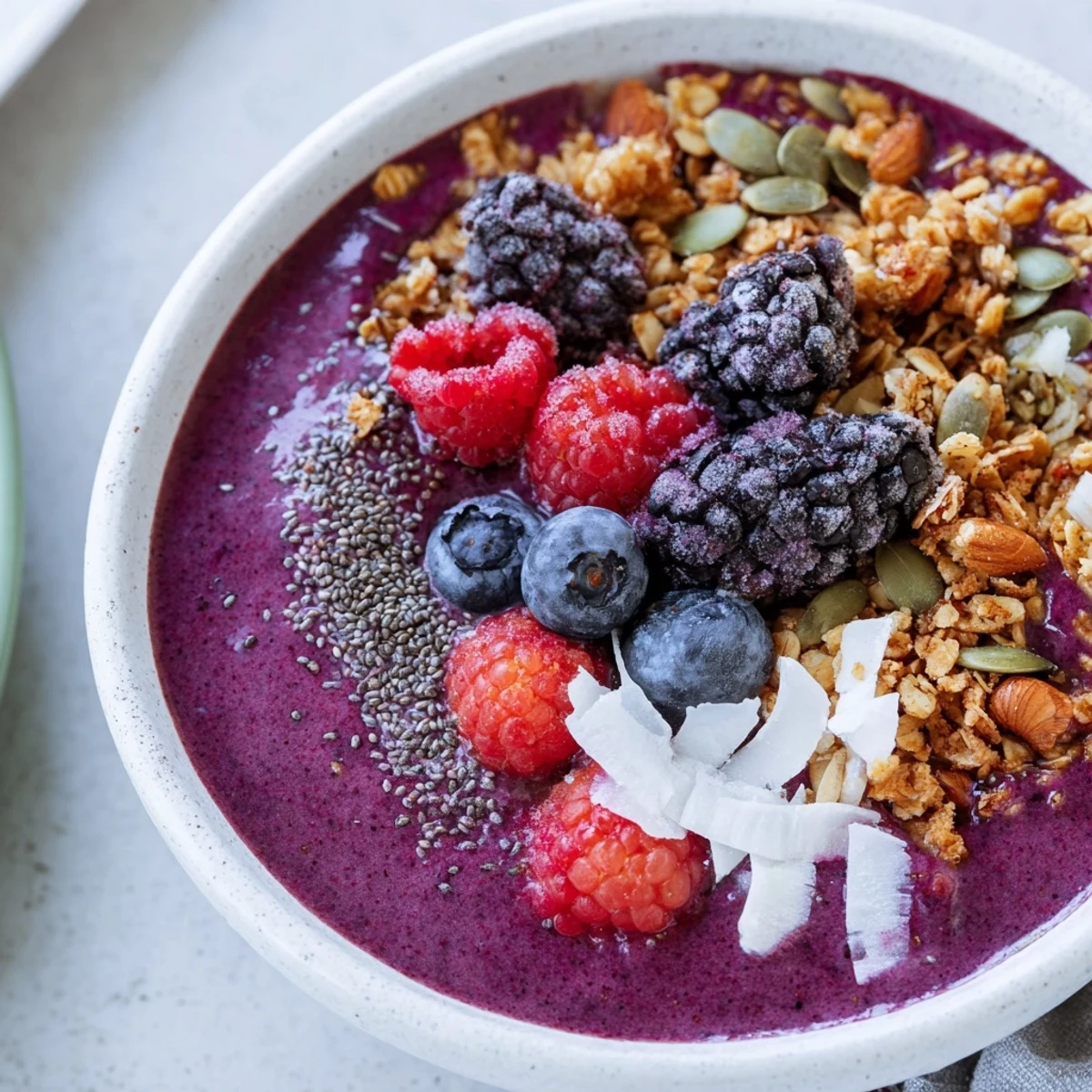A nourishing bowl of Winter Berry Smoothie Bowl with granola and fresh berries for breakfast.