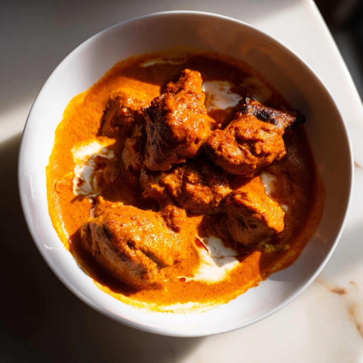 Serving suggestion for Slow Cooker Chicken Tikka Masala in a rustic pot, showing golden chicken pieces coated in a thick, spiced tomato and cream sauce.
