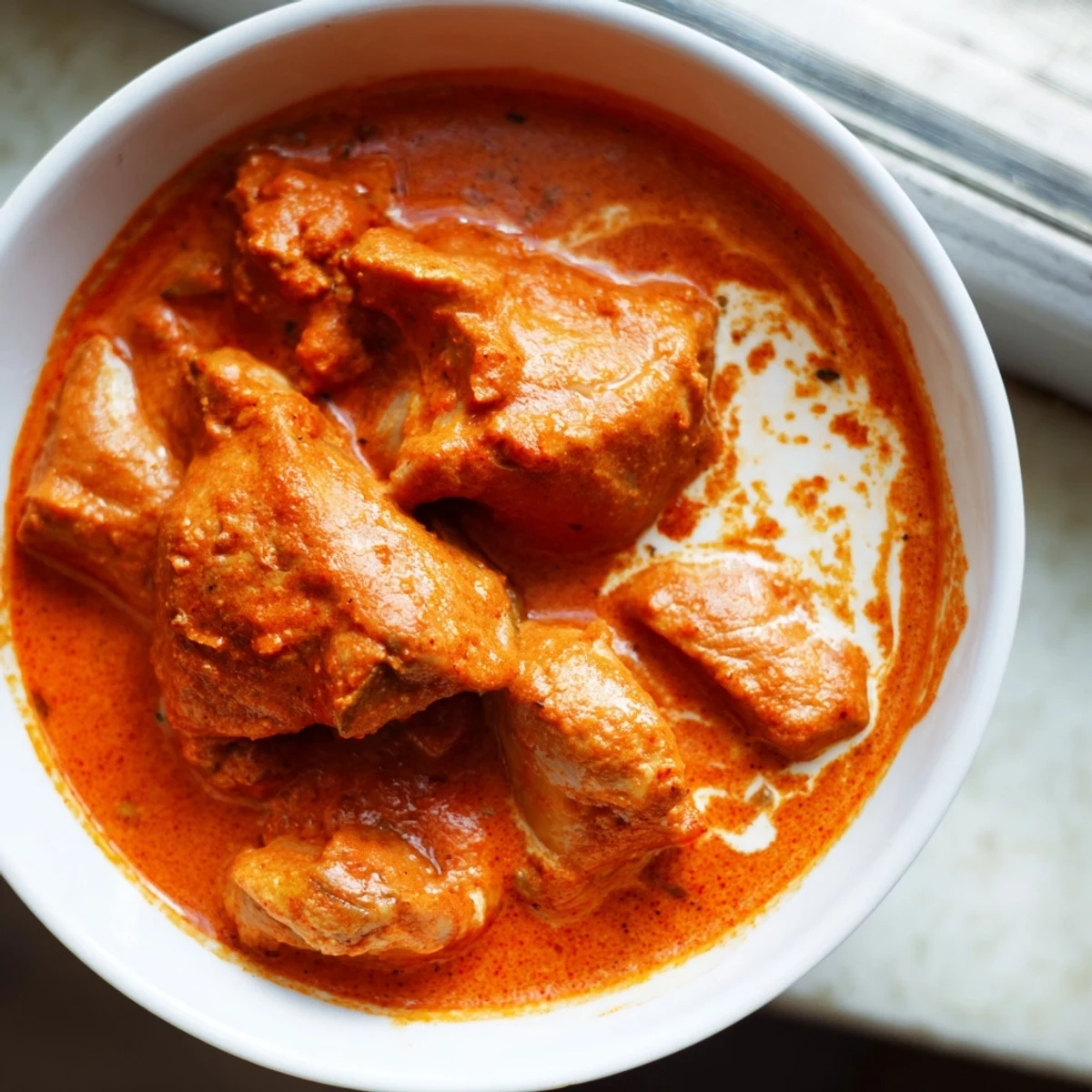 A close-up of Slow Cooker Chicken Tikka Masala in a white bowl over rice, garnished with fresh cilantro, featuring tender chicken in a rich, creamy red-orange sauce.