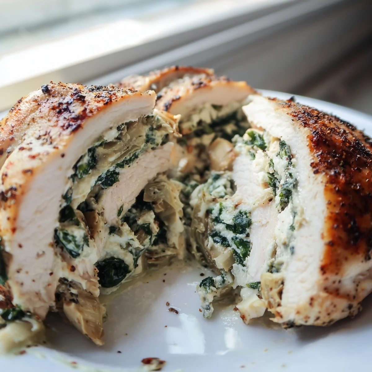 Baked spinach and artichoke stuffed chicken breast, golden brown with melted cheese on a plate.  