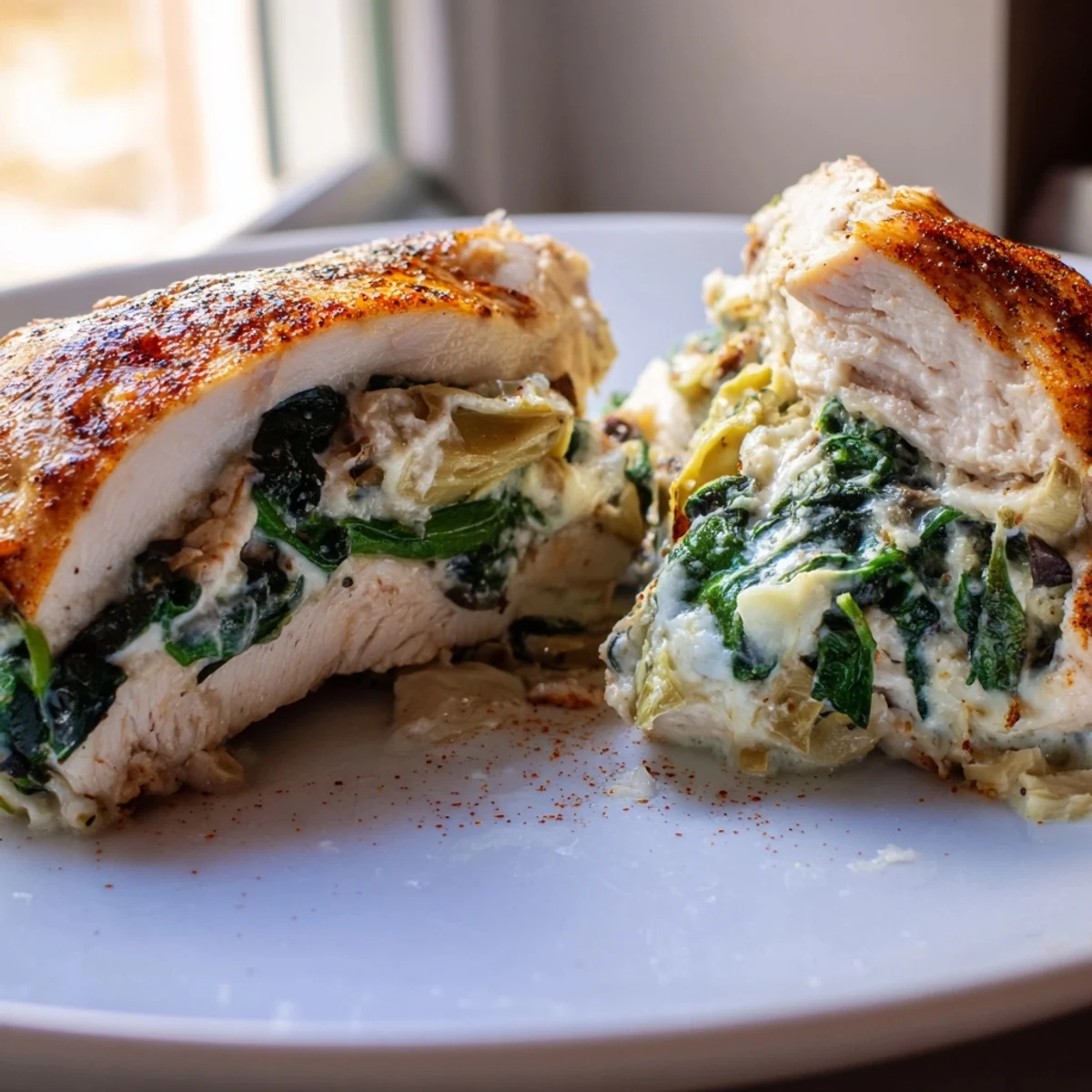 Spinach and artichoke stuffed chicken breast with creamy filling and fresh parsley garnish.  