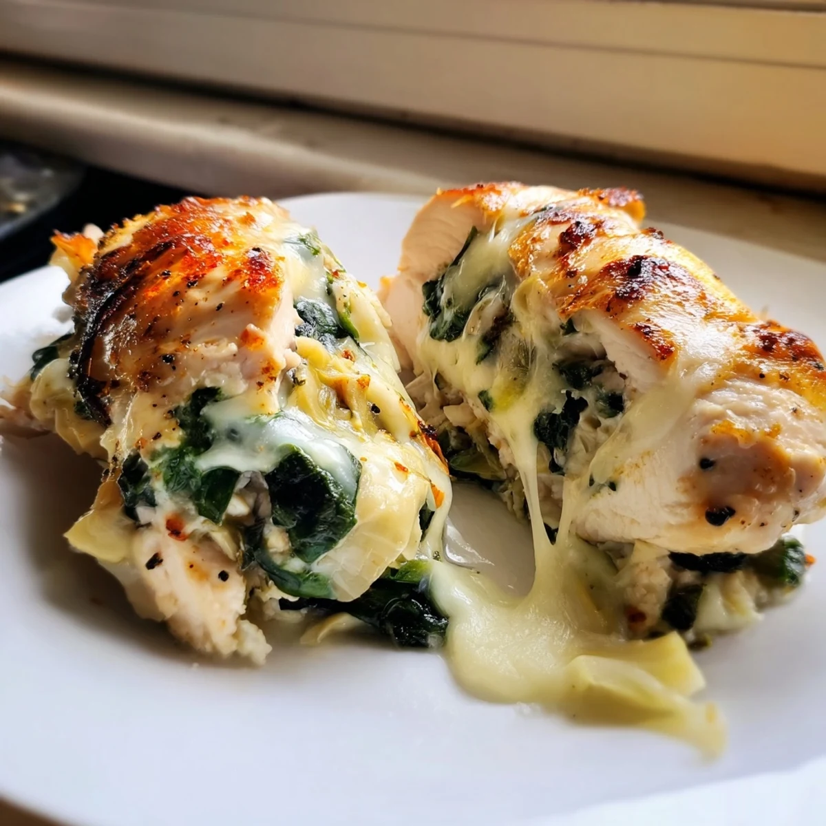 Golden, juicy spinach and artichoke stuffed chicken breast served with roasted vegetables.