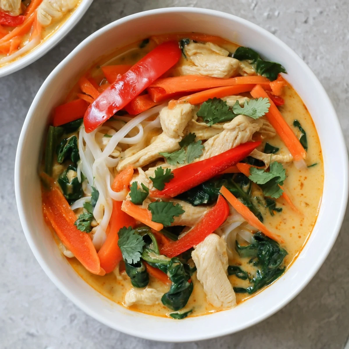 Thai Red Curry Noodle Soup with Chicken served in a rustic bowl, garnished with fresh cilantro and lime wedges for a bright, zesty finish.  