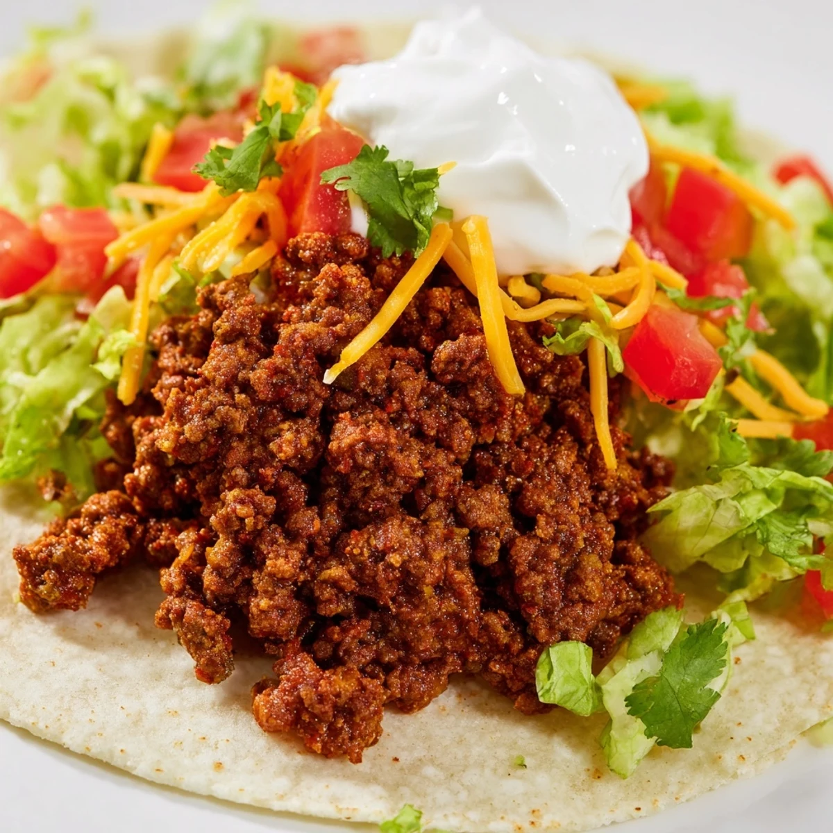 A close-up view of Beef Tacos with Homemade Seasoning features fresh shredded lettuce, diced tomatoes, melty cheddar cheese, and a dollop of sour cream garnish.